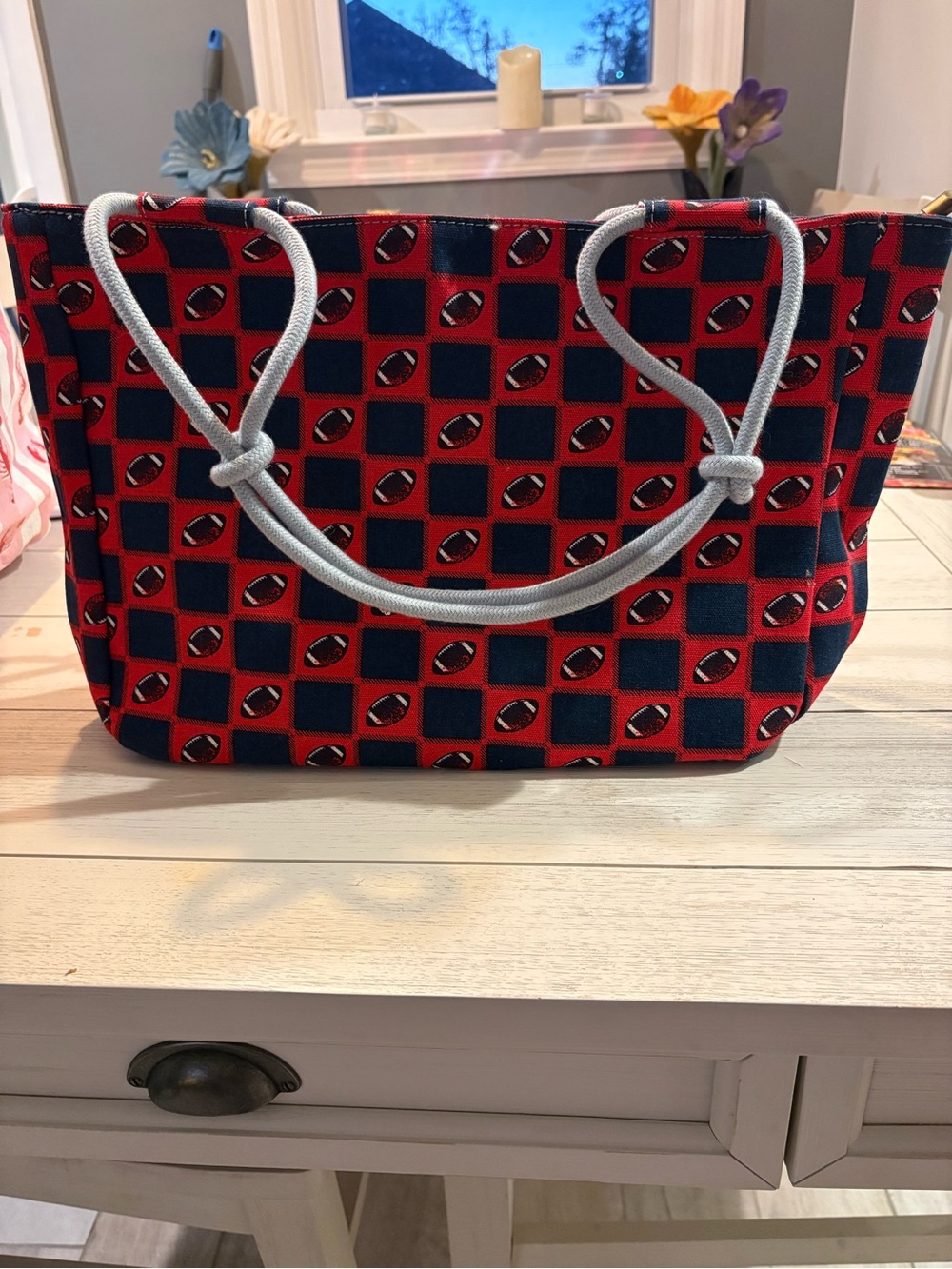Farmhouse Is My Style Red & Navy Football-Print Tote with Gray Rope Handles